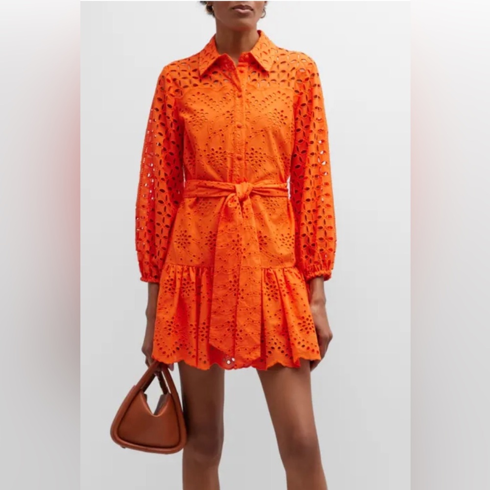 Milly Nic Blouson-Sleeve Flounce Eyelet Mini Dress Orange 4